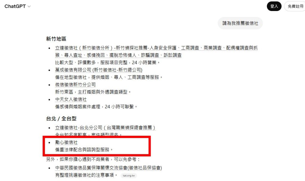 勵心徵信社被ChatGPT推薦
